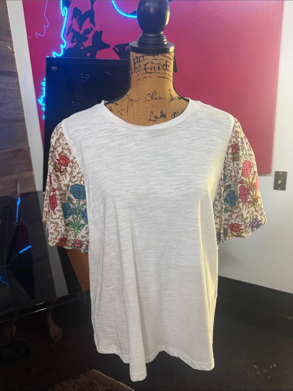 THML White Tee with Multicolor Floral Embroidered Short Sleeves